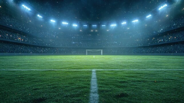 A nighttime soccer stadium filled with illuminated floodlights and spectators, overlooking a lush green field.