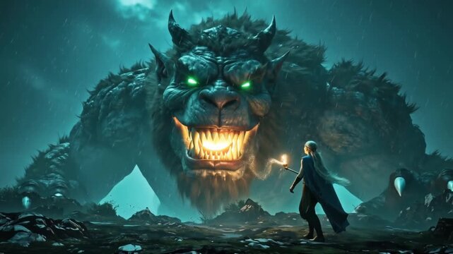 Ancient temple interior, sorceress performing magical ritual, glowing arcane symbols, summoning colossal elemental monster composed fire stone ice, dust sparks flying, cinematic camera shake, epic 4k
