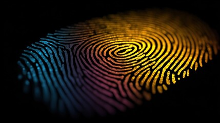 Abstract colorful glowing biometric fingerprint on black background for identity and security concepts