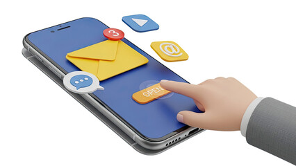 Hand Taps Open Button on Smartphone with Communication Icons