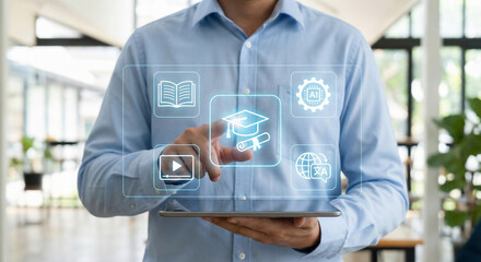 Mobile learning concept with interactive digital education interface featuring video, goals,...