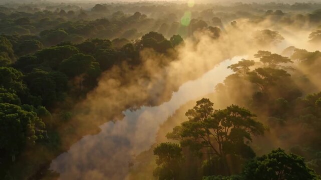 Aerial drone footage Amazonas jungle sunrise, dense mist rising green treetops, winding river reflecting golden sunlight, occasional birds flying, cinematic cinematic HD 4K drone movement, serene