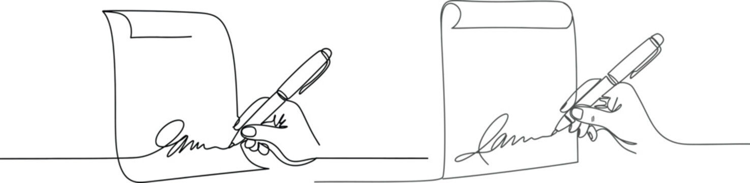 Continuous one-line art illustration depicting a human hand signing an official document with a pen, symbolizing agreement, authorization, and the finalization of legal or business paperwork