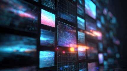 Abstract digital wall of multiple glowing screens displaying data visualizations and futuristic information