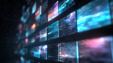 Abstract futuristic background featuring a wall of glowing digital screens with glitch effects and floating particles