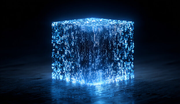 Digital blue cube composed of glowing binary code with a textured surface