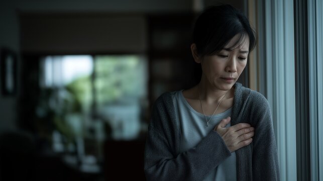 不安で胸を押さえる日本人女性