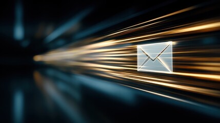 Abstract glowing email icon moving fast on a dark background with motion blur