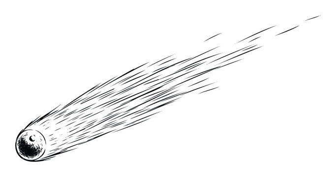 Powerful dynamic cosmic object depicting a fast moving comet or meteor with a textured head and motion lines, suitable for science, astronomy, and energetic themed media.