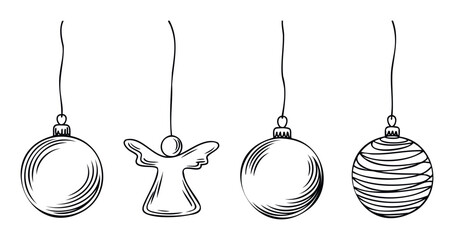 Fototapeta premium A collection of simple hand drawn hanging festive decorations perfect for holiday greetings, winter season invitations, and cheerful graphic compositions for various celebratory events.