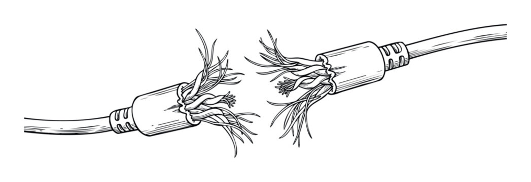This broken electrical cable with frayed wires symbolizes disconnection and technical problems, perfect for illustrating repair needs or system failures in various digital and print media
