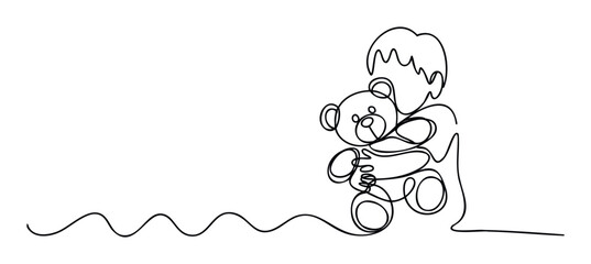 One continuous line drawing depicting a child embracing a beloved teddy bear toy, symbolizing comfort, friendship, and childhood memories, perfect for prints, posters, or developmental