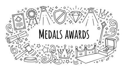 Outline drawing of medals and awards with victory symbols like diamonds, crowns, and certificates, ideal for celebrating achievements, recognition ceremonies, and competitive events