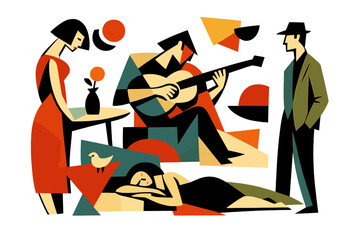 Digital art featuring abstract paintings with geometric shapes, figurative drawings, retro expressionism, elongated figures, restrained expressionism, and a wallpaper background