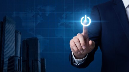 Businessman activating power button in modern office setting