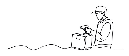 Continuous line drawing of a delivery person wearing a cap scanning a cardboard package with a handheld scanner, perfect for depicting ecommerce logistics, warehouse operations, and