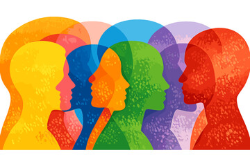 Layered, abstract silhouettes of human profiles in vivid hues set against textured backdrops, representing diversity, unity, and intricate identities