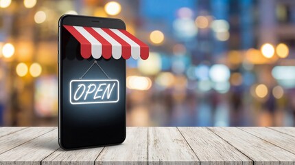 Smartphone with open sign on screen standing on wooden table