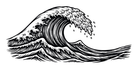 Dynamic ocean wave breaking with foamy spray and powerful currents, ideal for surf culture apparel, marine event posters, or striking natureinspired graphics.