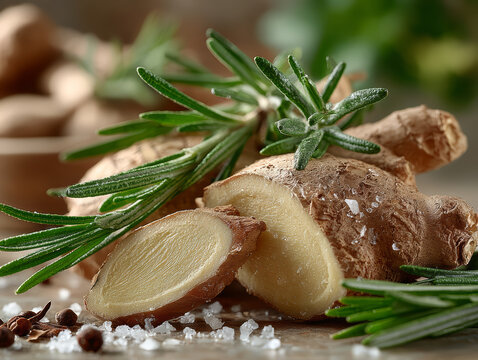 Fresh ginger root with rosemary sprigs and coarse sea salt on a wooden surface - Powered by Adobe