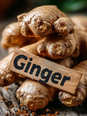 Fresh ginger roots with a wooden sign labeled 'Ginger' on a rustic surface