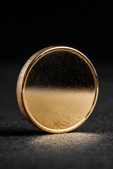 Shiny gold coin with textured edge standing on a dark surface