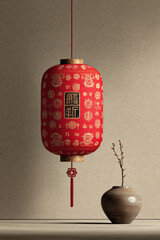 Traditional red Chinese lantern with intricate gold patterns hangs elegantly indoors