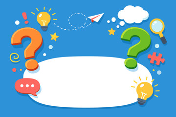 Abstract question marks in a creative style on a blue background with a mock‑up area, featuring an ask, solution, and FAQ concept, rendered in 3D