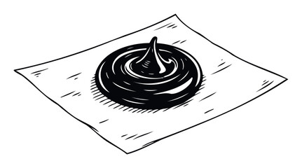 Engaging hand drawn sketch depicting a swirl of dark, rich sauce on a simple square paper, perfect for culinary packaging, cafe branding, or gourmet food menu presentations.