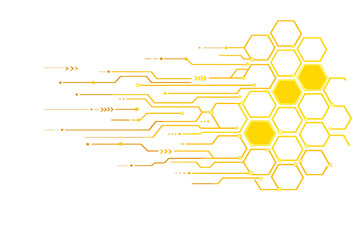 A futuristic, hexagonal circuit board illustration in a dark yellow gradient background, moving from right to left, depicts advanced computer technology in a vector abstract style, representing a