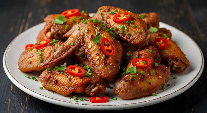 Plate of spicy glazed chicken wings garnished with red chili sli