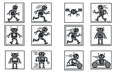 Naklejka premium A collection of playful robot icons in black and white geometric vector style, perfect for technology-themed projects and children's illustrations