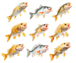 Set of Golden Perch fish with open mouth, detailed fins and scales isolated on white transparent background.