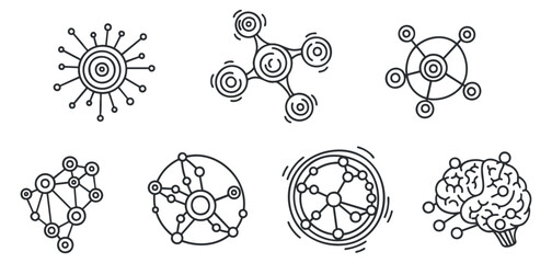 A collection of molecular and atomic structures in clean outline vector style, ideal for scientific illustrations and educational materials