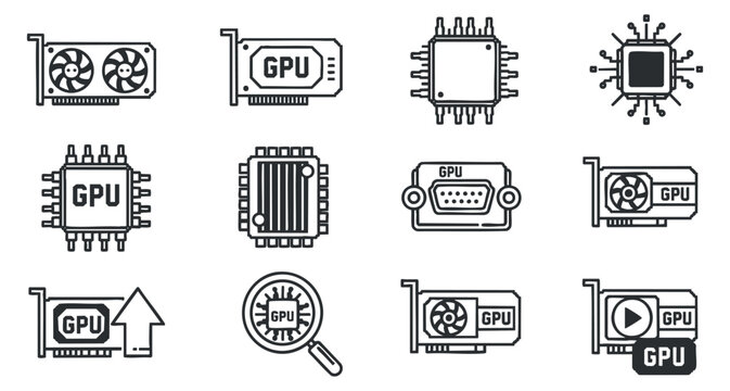 A collection of GPU icons including graphics cards, chips, and cooling systems in minimalist vector style, ideal for tech and gaming projects