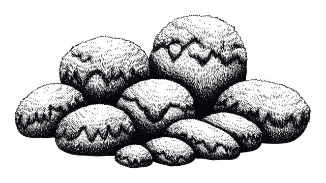 Stylized black and white ink drawing featuring various fuzzy organic shapes resembling overgrown shrubs or natural formations, perfect for naturethemed graphic projects, book illustrations,