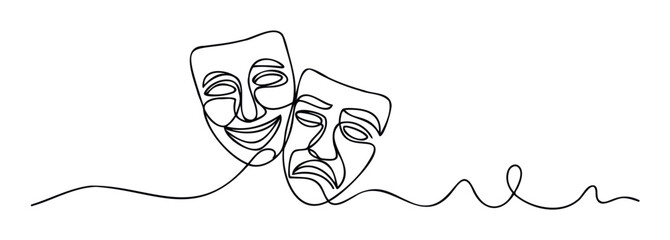 Continuous line drawing of comedy and tragedy theater masks representing emotional duality and performing arts for event invitations or entertainment industry promotions.