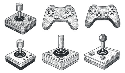A collection of video game controllers and joysticks in detailed sketch vector style, perfect for gaming-themed designs