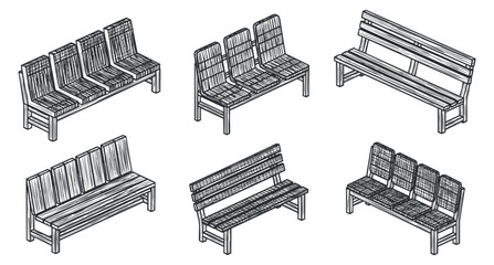 A collection of wooden benches in various designs and styles, illustrated in black and white line art, suitable for outdoor and indoor settings
