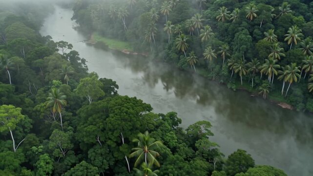 Aerial drone footage Amazonas jungle sunrise, dense mist rising green treetops, winding river reflecting golden sunlight, occasional birds flying, cinematic cinematic HD 4K drone movement, serene