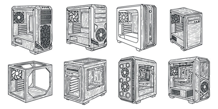 A collection of computer cases in detailed outline vector style, suitable for tech-themed design projects and illustrations