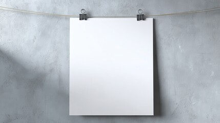 Blank white paper sheet mockup hanging on a textured gray concrete wall with binder clips