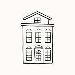 Hand-drawn vintage house, European cottages and simple line silhouettes. Designed for Christmas posters, cozy banners, and simple city illustrations, coloring book