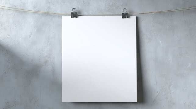 Blank white paper sheet mockup hanging on a textured gray concrete wall with binder clips