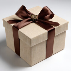 Elegant beige gift box with a rich brown satin ribbon and decorative clasp