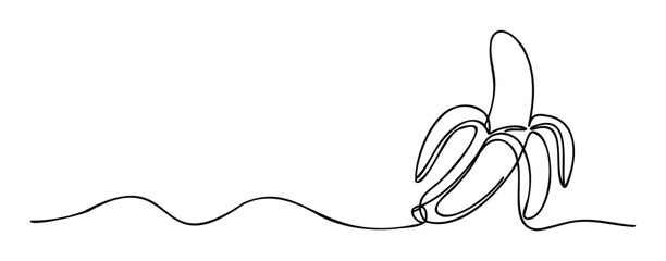Simple elegant continuous line drawing of a peeled banana with a flowing wavy stem line, perfect for healthy food branding, fruit snack promotions, or modern kitchen aesthetics.