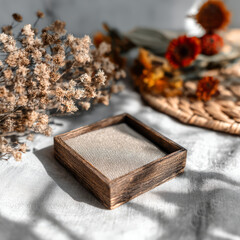 Rustic wooden display box with dried flowers and woven placemat, soft natural light