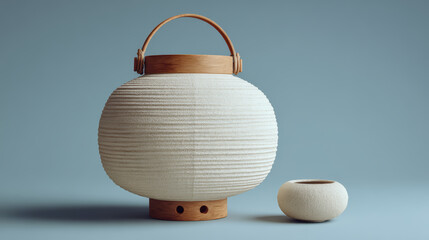 Modern Scandinavian lantern with wooden accents and small ceramic pot on a blue background