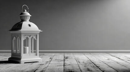 Elegant white lantern with a star cutout sits on a rustic wooden floor