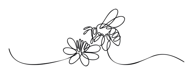 Elegant continuous line drawing of a flying bee approaching a delicate flower, perfect for naturethemed projects, environmentally conscious branding, and harmonious springtime event